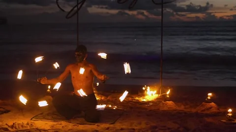 A Dynamic Fire Performerat the Beach During the Beautiful Sunset. Stock Footage 302264371