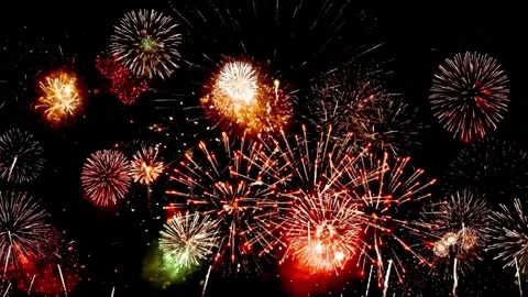Dynamic fireworks explosion show on black night background. Видео 340623479