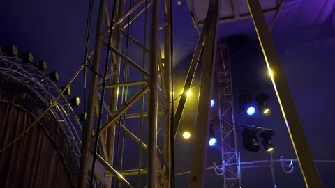 Dynamic flash of spotlights in the dark of the club. A traveling circus. Stock Footage 308471156