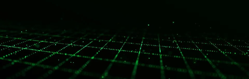 Dynamic flow of digital particles. Perspective grid of interlaced dots. Net.. Illustrazione stock