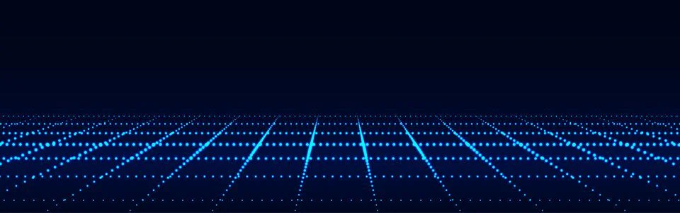 Dynamic flow of shine blue digital particles. Perspective grid of glowing int Stock Illustration