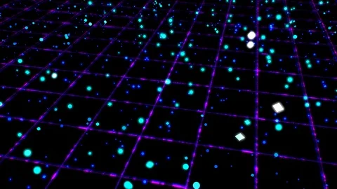 Dynamic Flowing Particle Waves Above Glowing Retro 80s Neon Grid Stock Footage 120963494