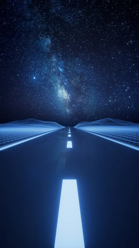 Dynamic forward drive along neon lit digital highway under a bright milky w.. Stock Footage 327109543