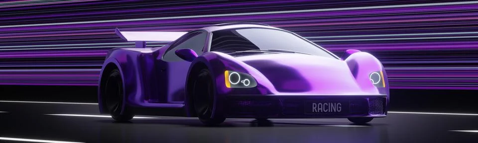 Dynamic Front Angle of a Purple Supercar on a Digital Road - 3d illustration Stock Illustration