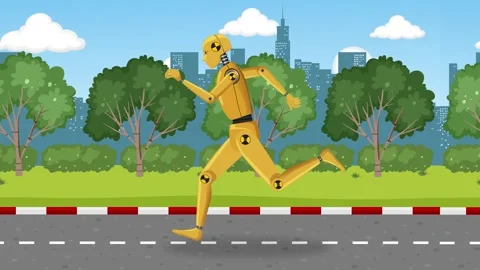 A dynamic full shot of a running crash test dummy in a park with a city bac.. Stock Footage 332825422