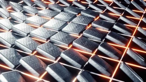 Dynamic futuristic metallic geometric surface featuring a glowing orange grid Stock Footage 278451687
