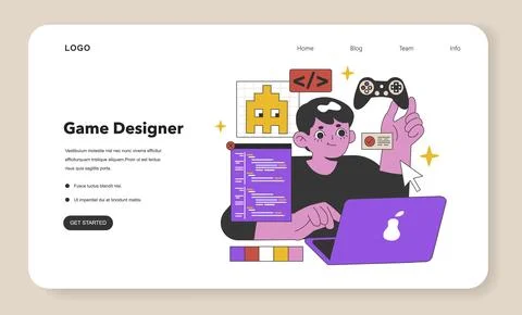 Dynamic Game Designer Developing Interactive Worlds. Flat vector illustration Illustrazione stock