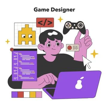 Dynamic Game Designer Developing Interactive Worlds. Flat vector illustration Stock-Illustration