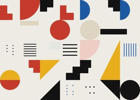 Dynamic geometric abstract composition with diverse shapes in a colorful pa.. Stockillustratie