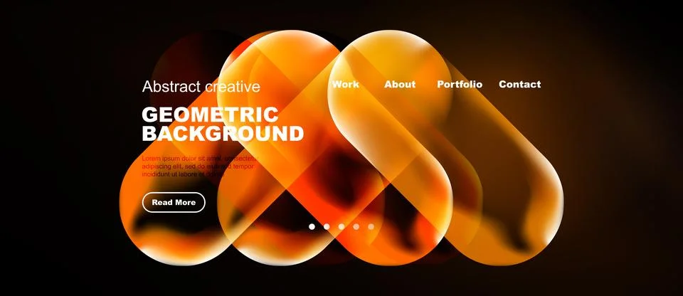 Dynamic geometric background features orange layers, text, navigation menu. Stock Illustration