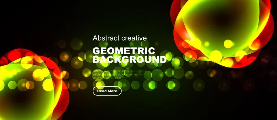 Dynamic geometric background features vibrant circles, gradients. Red, green, Stock Illustration