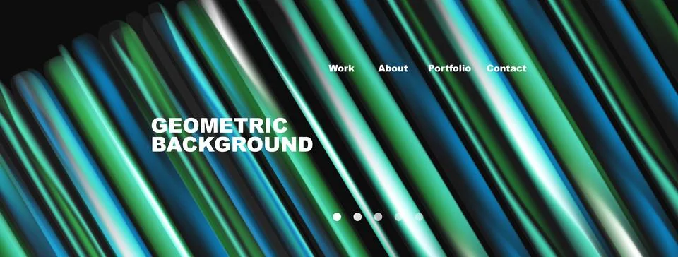 Dynamic geometric lines create vibrant background. Text includes work, about, Stock Illustration