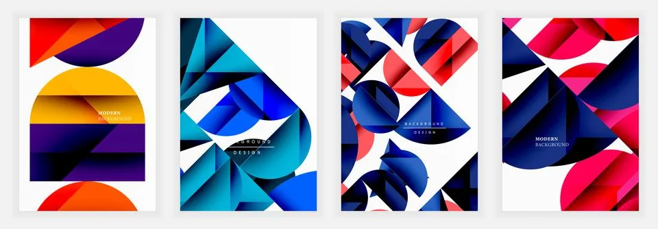 Dynamic geometric posters with intersecting semicircles, triangles, and folded Illustrazione stock