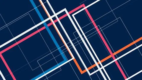 Dynamic geometric tech lines in white and neon pink, blue, and orange strea.. Illustrazione stock