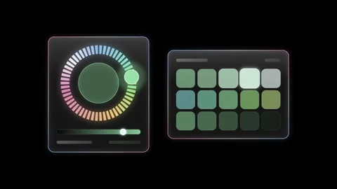 Dynamic glass UI color picker featuring a vibrant color wheel with teal amber an Stock Footage 341306120