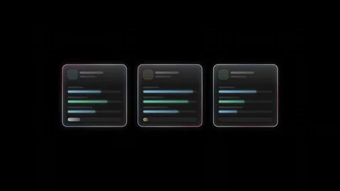 Dynamic glass UI interface showcasing three comparison cards with translucent pa Stock Footage 341328862
