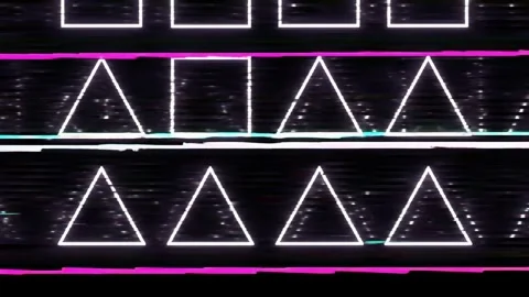 Dynamic glitch art with neon triangles and squares creates a retro futuristic Stock Footage 320121314