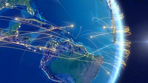 Dynamic glowing trade routes on world map, abstract global business connections Stock Footage 311170875