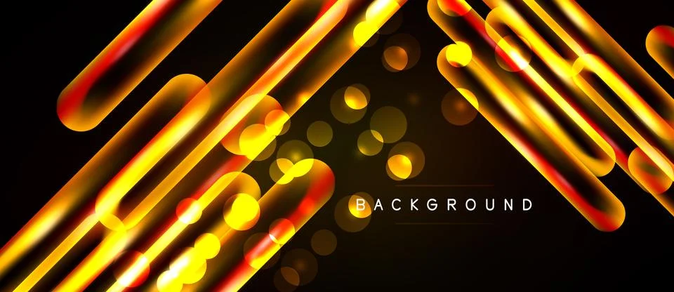 Dynamic golden lines, circles over dark backdrop. Modern design, vibrant en.. Illustrazione stock