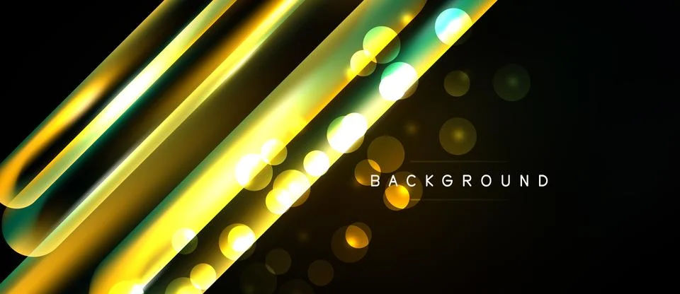 Dynamic golden lines intersect black space. Bright bokeh effects add depth, Stock Illustration