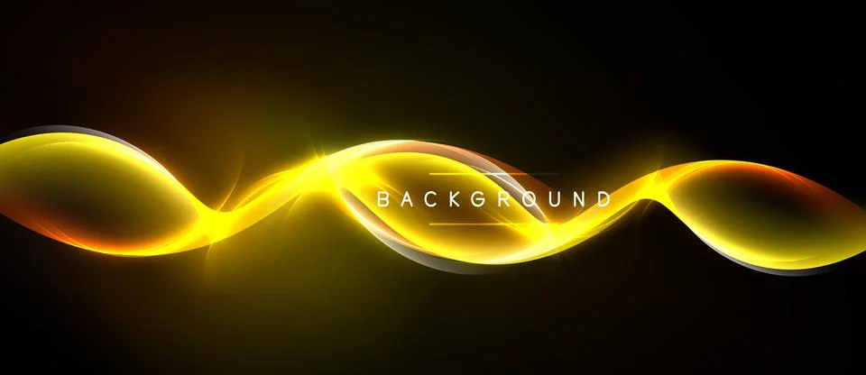 Dynamic golden wave flows across black space. Bright light creates abstract Stock Illustration