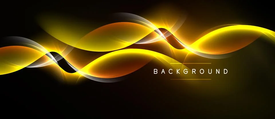 Dynamic golden waves flow across black space. Bright highlights create energy Illustrazione stock