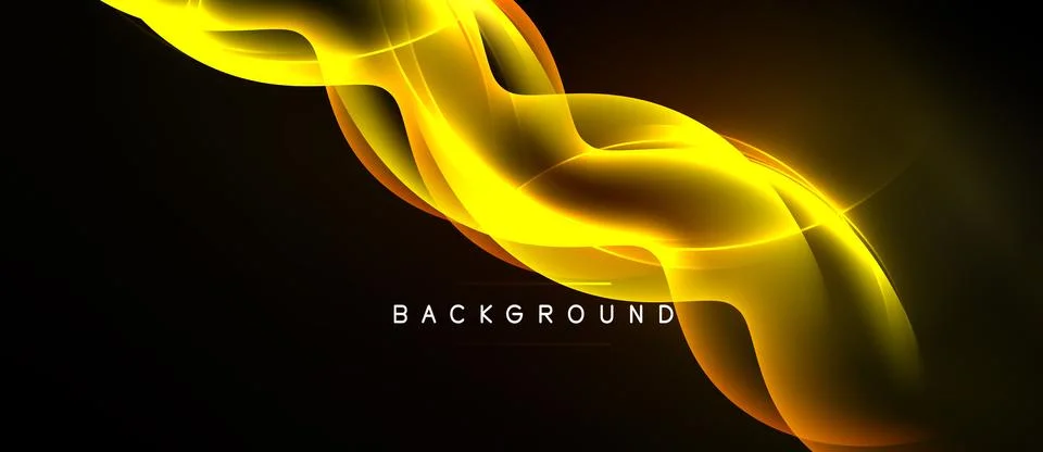 Dynamic golden waves flow across black space. Bright curves create abstract Stock Illustration