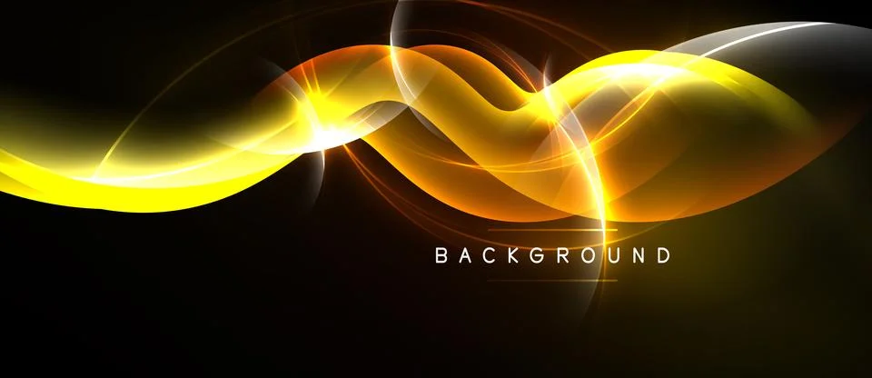 Dynamic golden waves flow across black space. Bright light creates abstract Stock Illustration