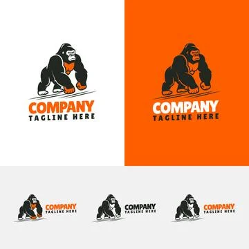 Dynamic Gorilla Action Pose Mascot Logo Black and Orange Multiple Variations Stock Illustration
