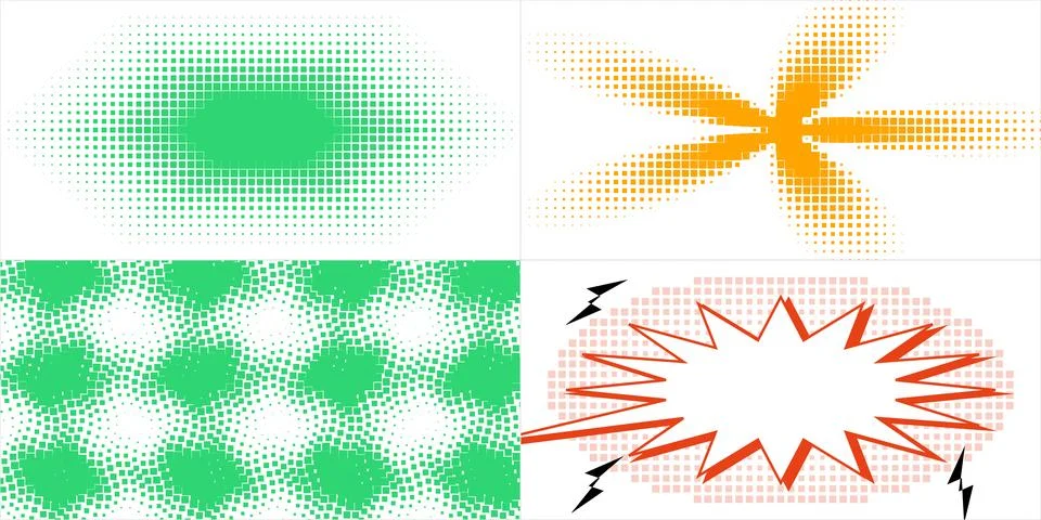 Dynamic graphic elements with halftone patterns and comic-style burst for c.. イラスト素材