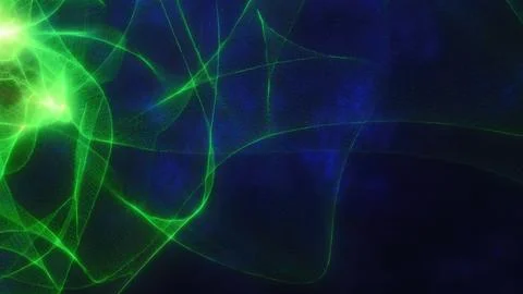 Dynamic green abstract light lines against a dark blue background, creating a Foto stock