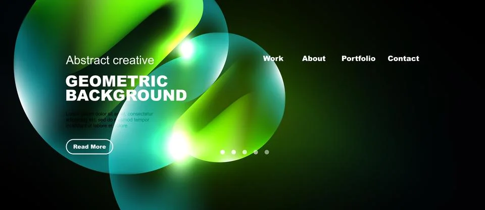 Dynamic green abstract shapes form website header. Text details portfolio, イラスト素材