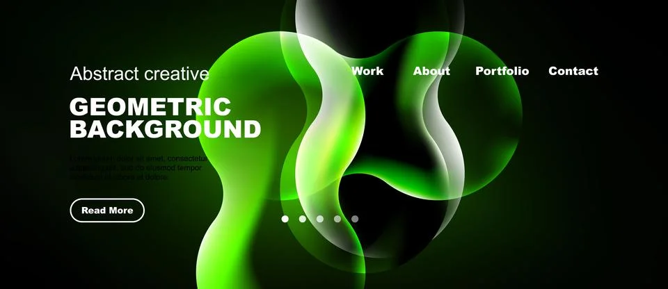 Dynamic green abstract shapes over dark background. Website header includes Stock Illustration