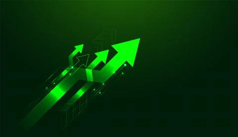 A Dynamic green Arrows extend upward on a dark background, expressing growt.. Stock Illustration