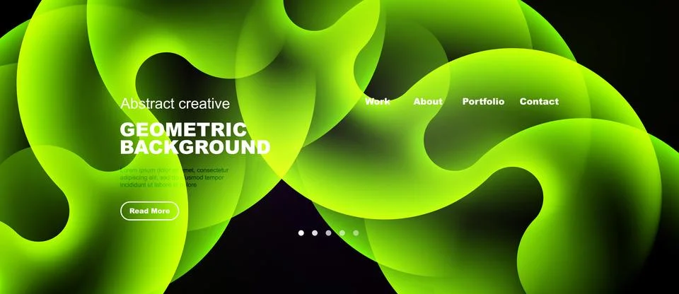 Dynamic green shapes form fluid abstract background. Website header includes イラスト素材