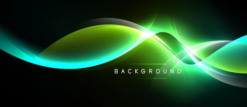 Dynamic green waves flow across black space. Bright light flares emphasize Stockillustratie