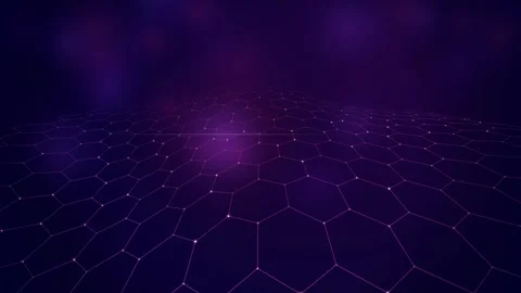 A dynamic grid of interconnected hexagons undulates with glowing points in d Stock Footage 340678230