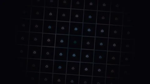 Dynamic grid of light shapes on dark background in motion Stock Footage 338304132