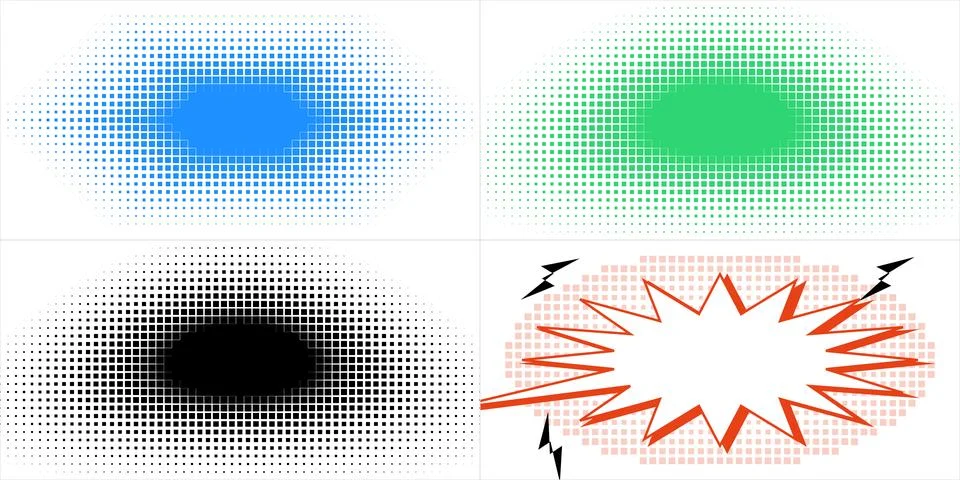 Dynamic halftone square patterns and comic explosion bubble graphic elements イラスト素材