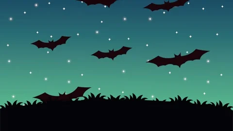 Dynamic halloween night scene with flying bats motion, animation of grass s.. Vídeos de archivo 338420627