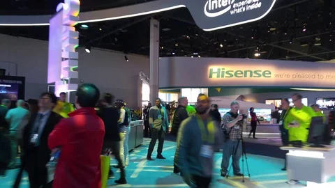 Dynamic hectic hyperlapse walk through CES 2017 show floor 4K timelapse Stock Footage 73688944