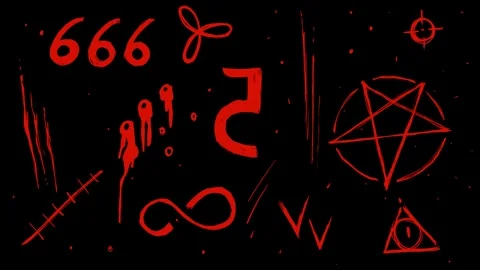 Dynamic horror background with bloody occult symbols on black screen. Stock Footage 312157814