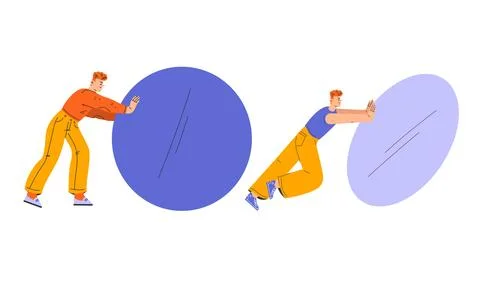 A Dynamic Illustration Showcasing People Actively Pushing Circular Objects Illustrazione stock