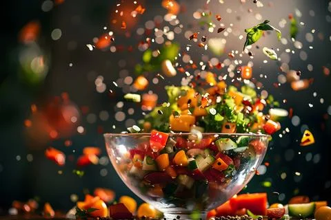 Dynamic image of chopped vegetables flying out of a bowl with vibrant colors Stock Photos