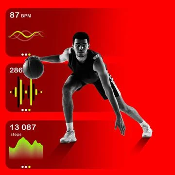 Dynamic image with concentrated young man, basketball player dribbling ball on Stock Illustration
