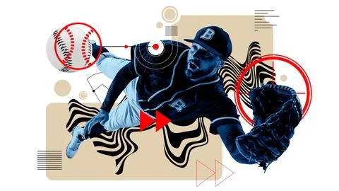 Dynamic image of man, baseball player in motion, catching ball in jump against 스톡 사진