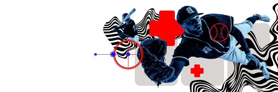 Dynamic image of man, baseball player in motion, catching ball in jump against 写真素材
