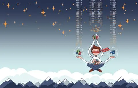Dynamic Information Technology Concept, Multi-Tasking and Meditation Flat Vector イラスト素材