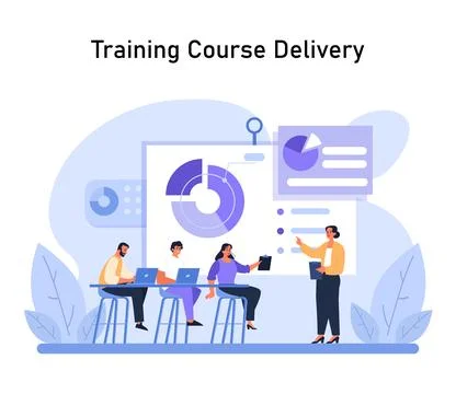 Dynamic instructor leads eager students in modern training room. Illustrazione stock