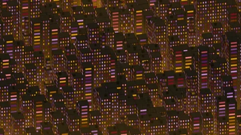 Dynamic isometric animation of a city at night, windows brightly lit, conveying Stock Footage 337879407